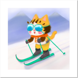 Cute Skiing Orange Chibi Cat Posters and Art